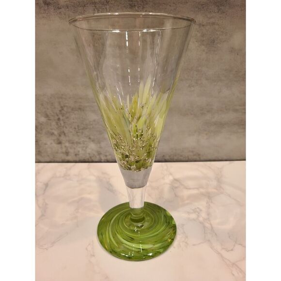 Julia Knight CONFETTI Italy Handblown Greens& Glitter Wine Glass 8½" Signed EUC - Picture 1 of 10